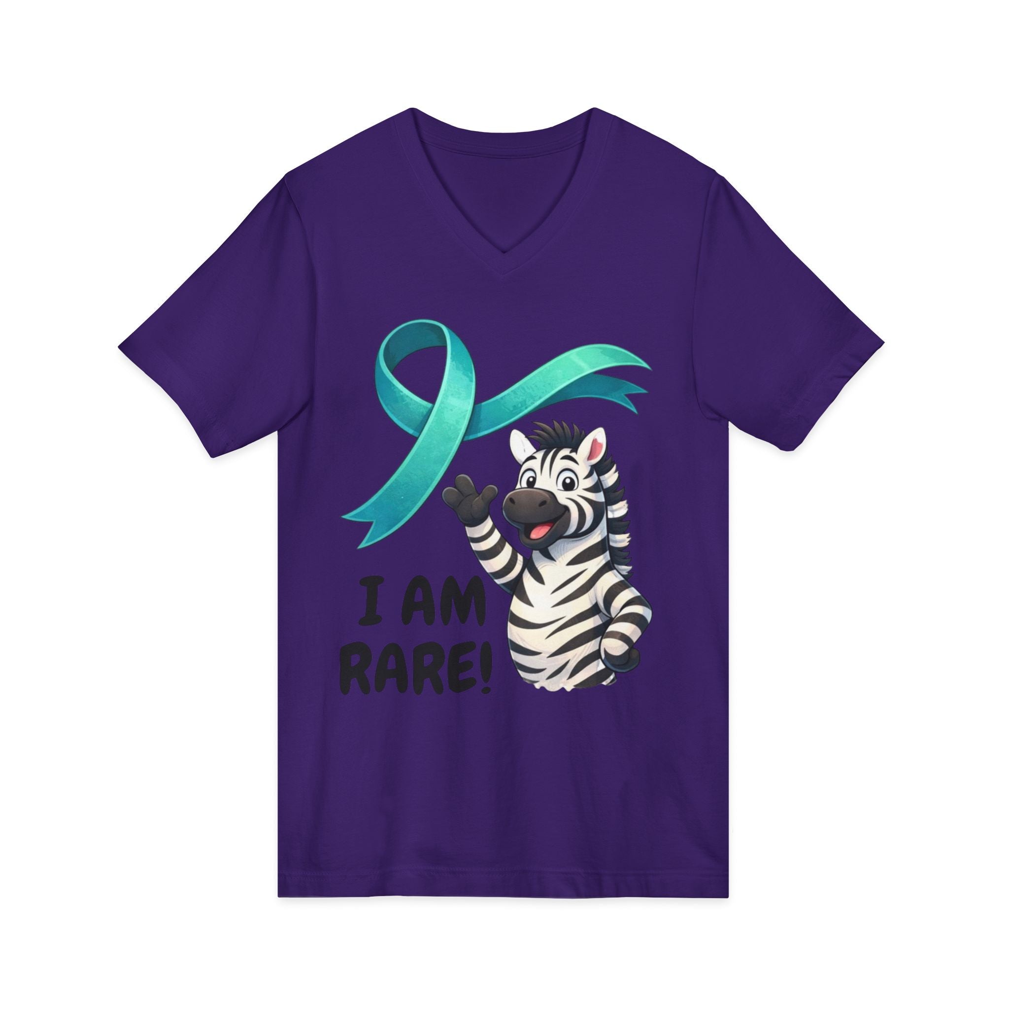 Rare Zebra Awareness V-Neck Tee — "I Am Rare" Teal Ribbon Shirt