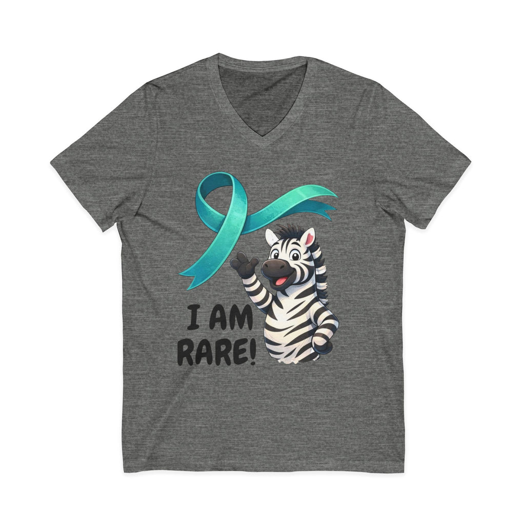 Rare Zebra Awareness V-Neck Tee — "I Am Rare" Teal Ribbon Shirt