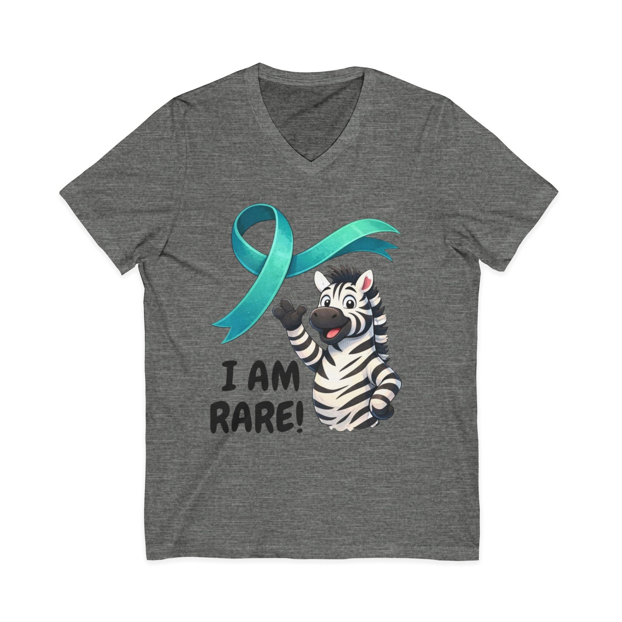 Rare Zebra Awareness V-Neck Tee — "I Am Rare" Teal Ribbon Shirt