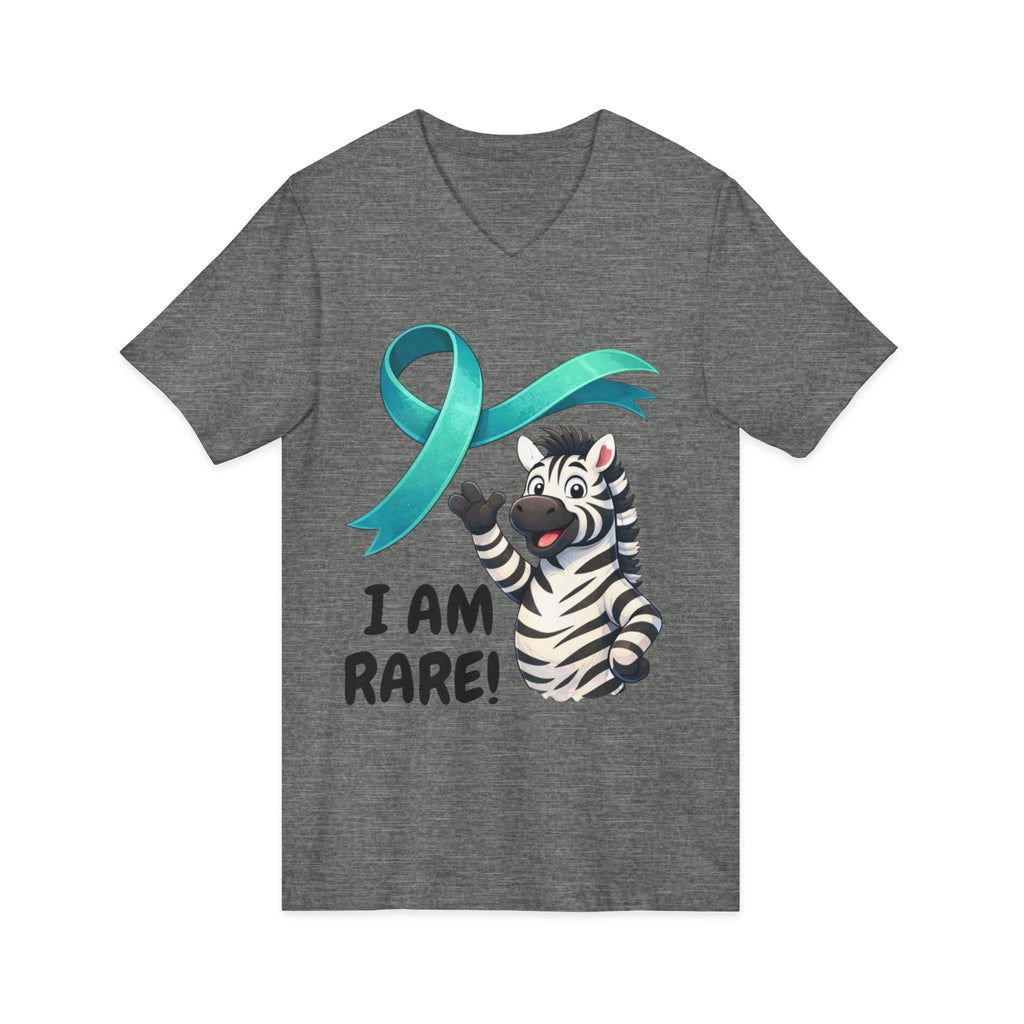 Rare Zebra Awareness V-Neck Tee — "I Am Rare" Teal Ribbon Shirt