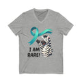 Rare Zebra Awareness V-Neck Tee — "I Am Rare" Teal Ribbon Shirt