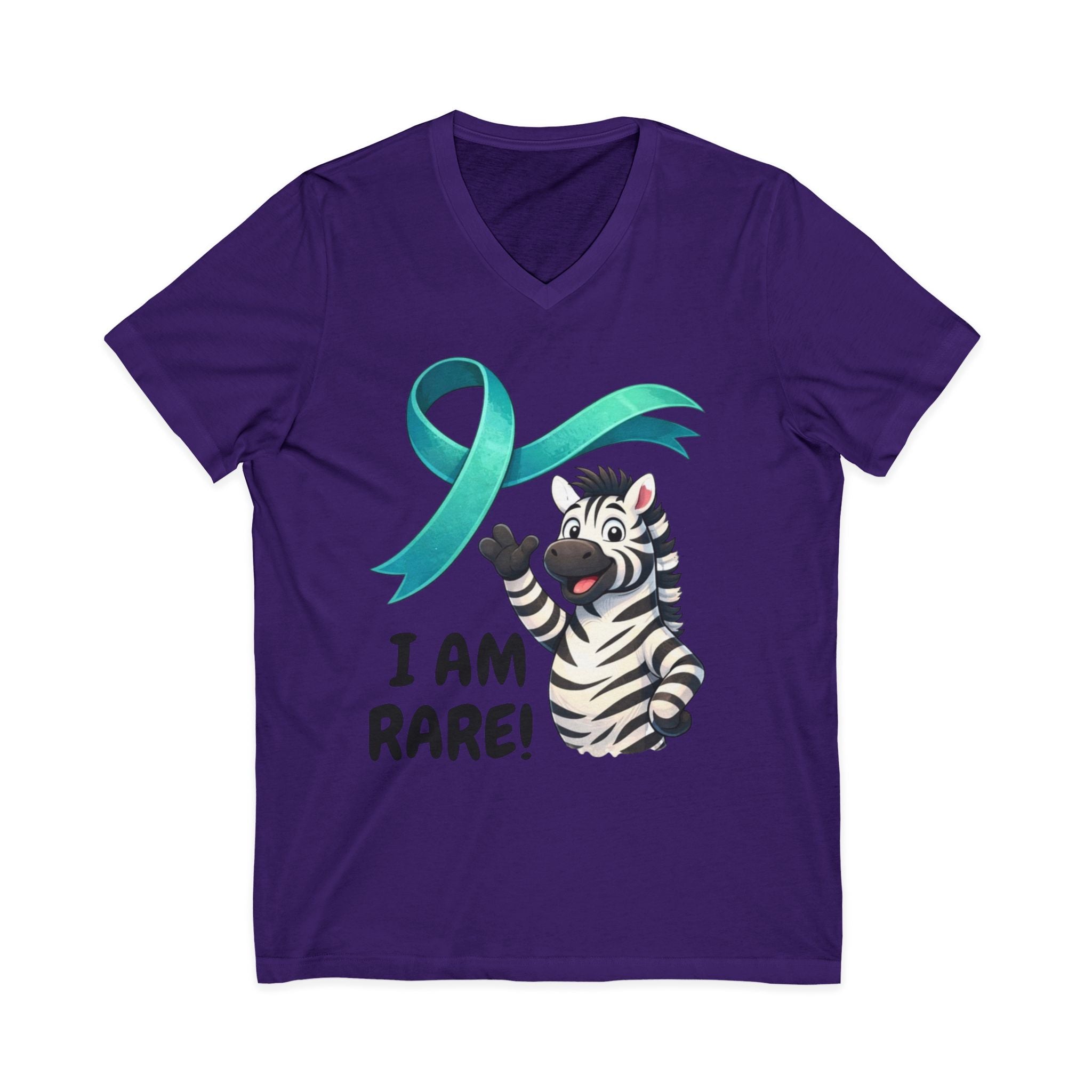 Rare Zebra Awareness V-Neck Tee — "I Am Rare" Teal Ribbon Shirt