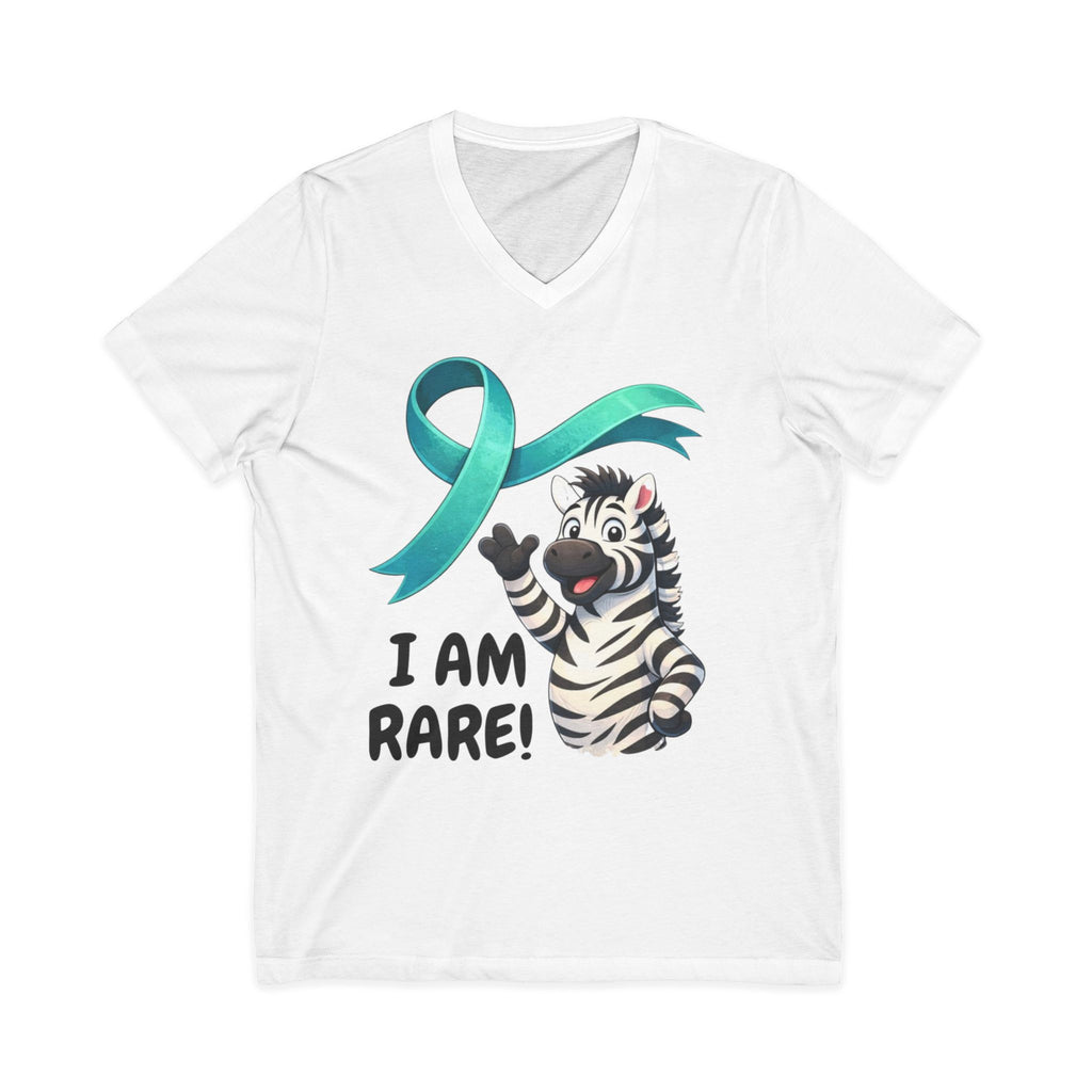 Rare Zebra Awareness V-Neck Tee — "I Am Rare" Teal Ribbon Shirt