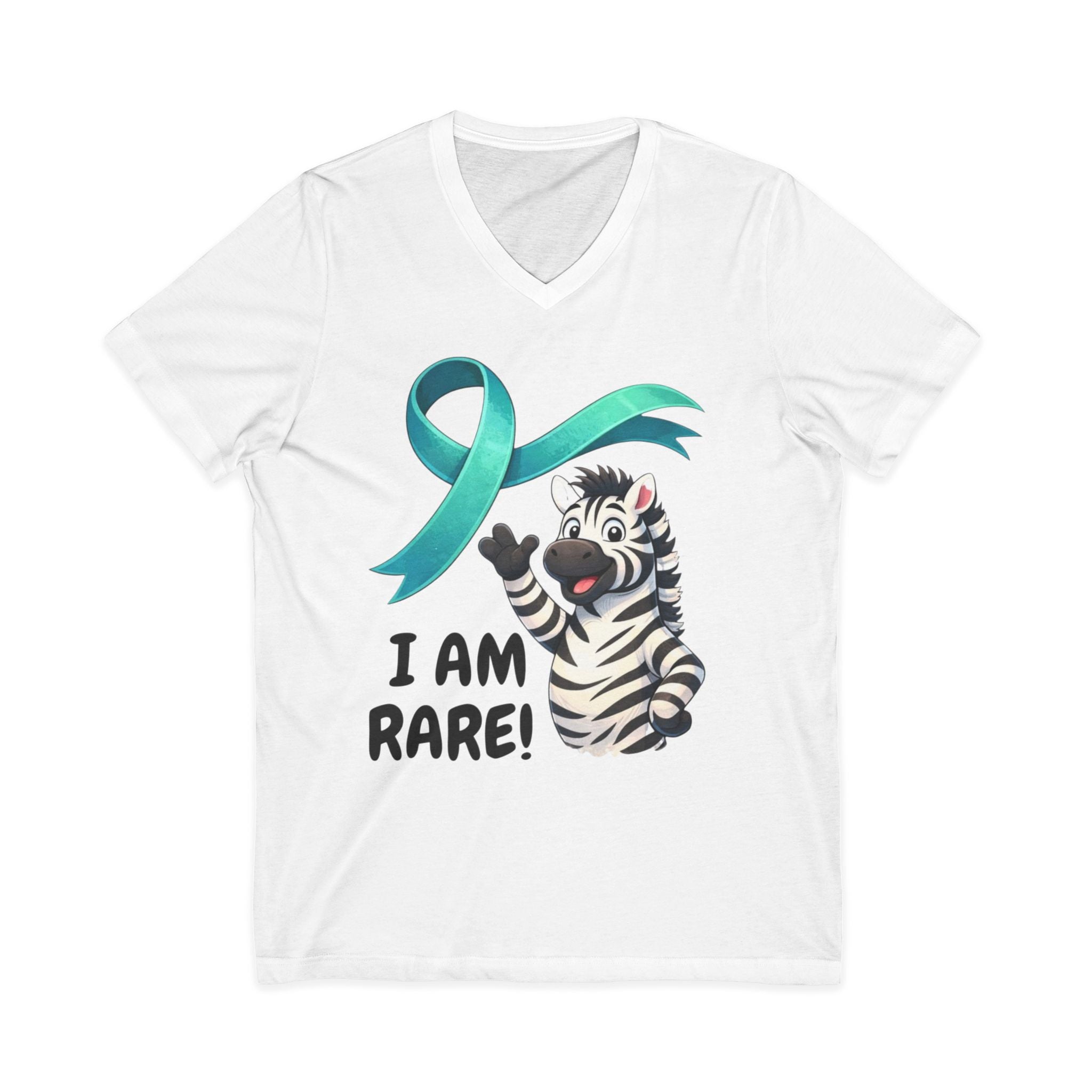 Rare Zebra Awareness V-Neck Tee — "I Am Rare" Teal Ribbon Shirt
