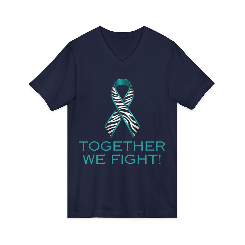 Teal Awareness Ribbon V-Neck Tee — "Together We Fight" Support Shirt
