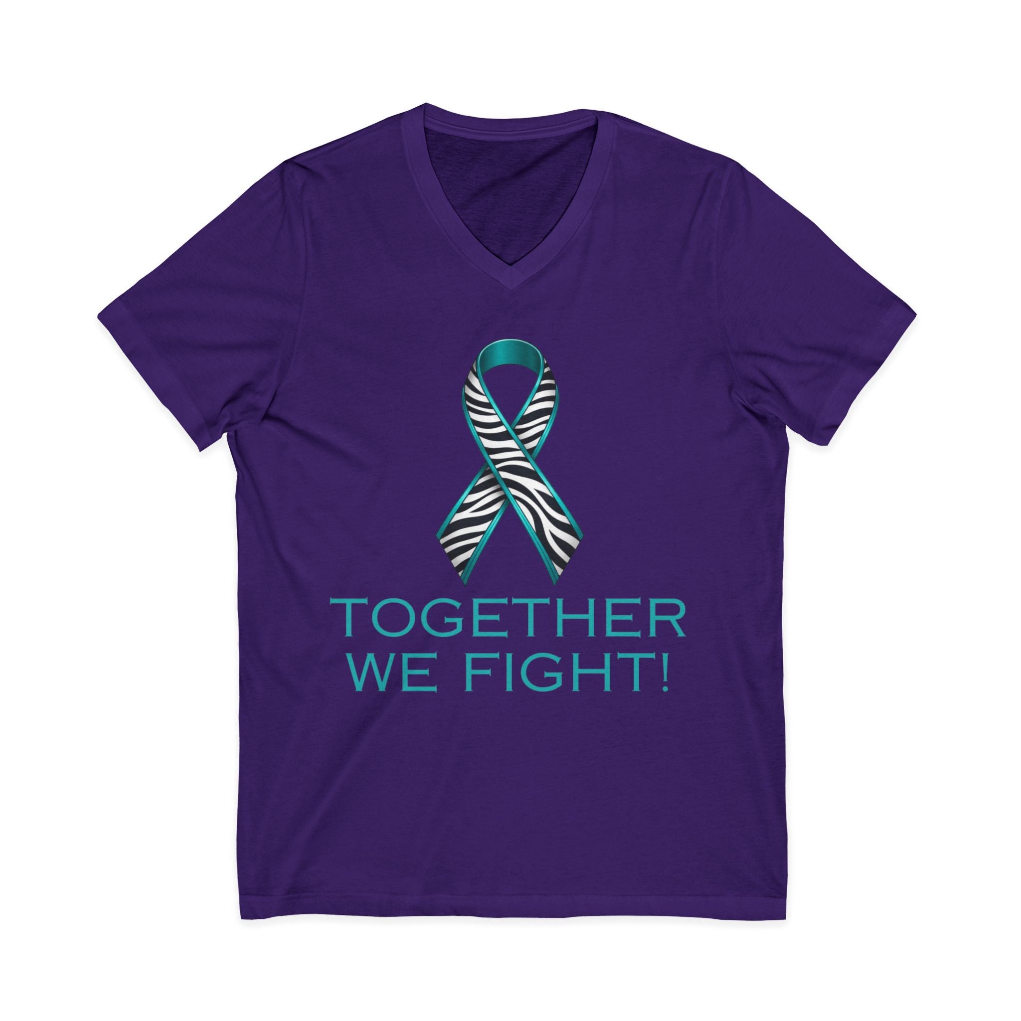 Teal Awareness Ribbon V-Neck Tee — "Together We Fight" Support Shirt