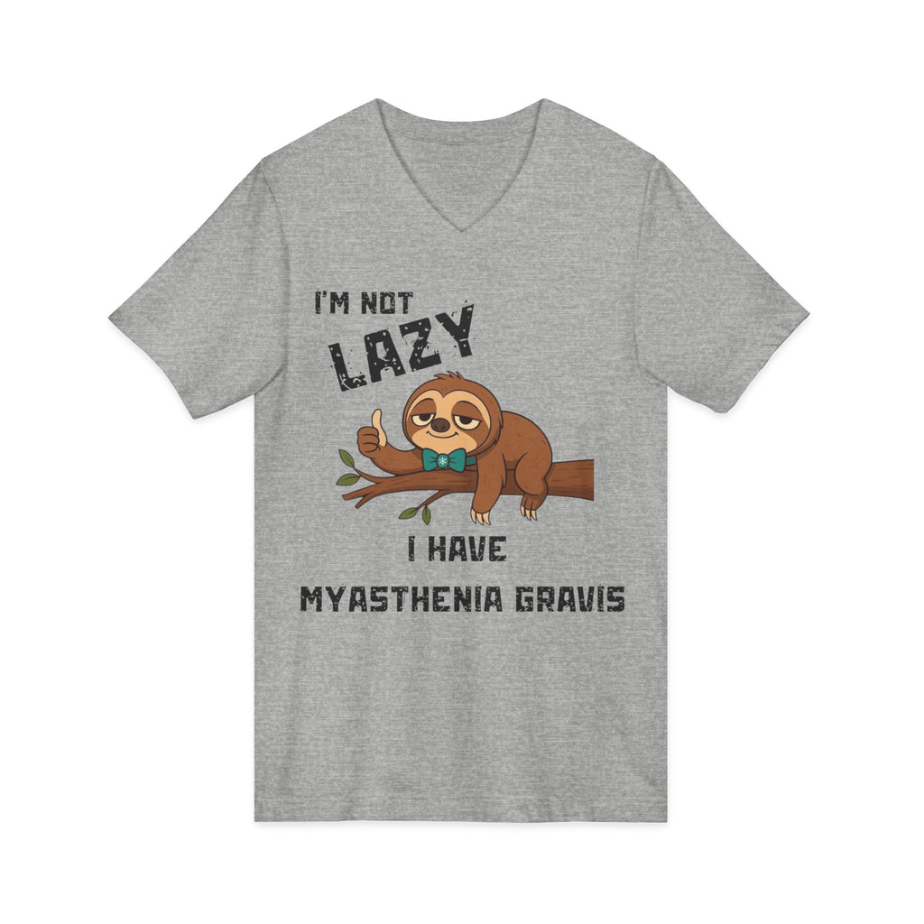 Myasthenia Gravis Awareness V-Neck Tee — "I'm Not Lazy" Sloth Design