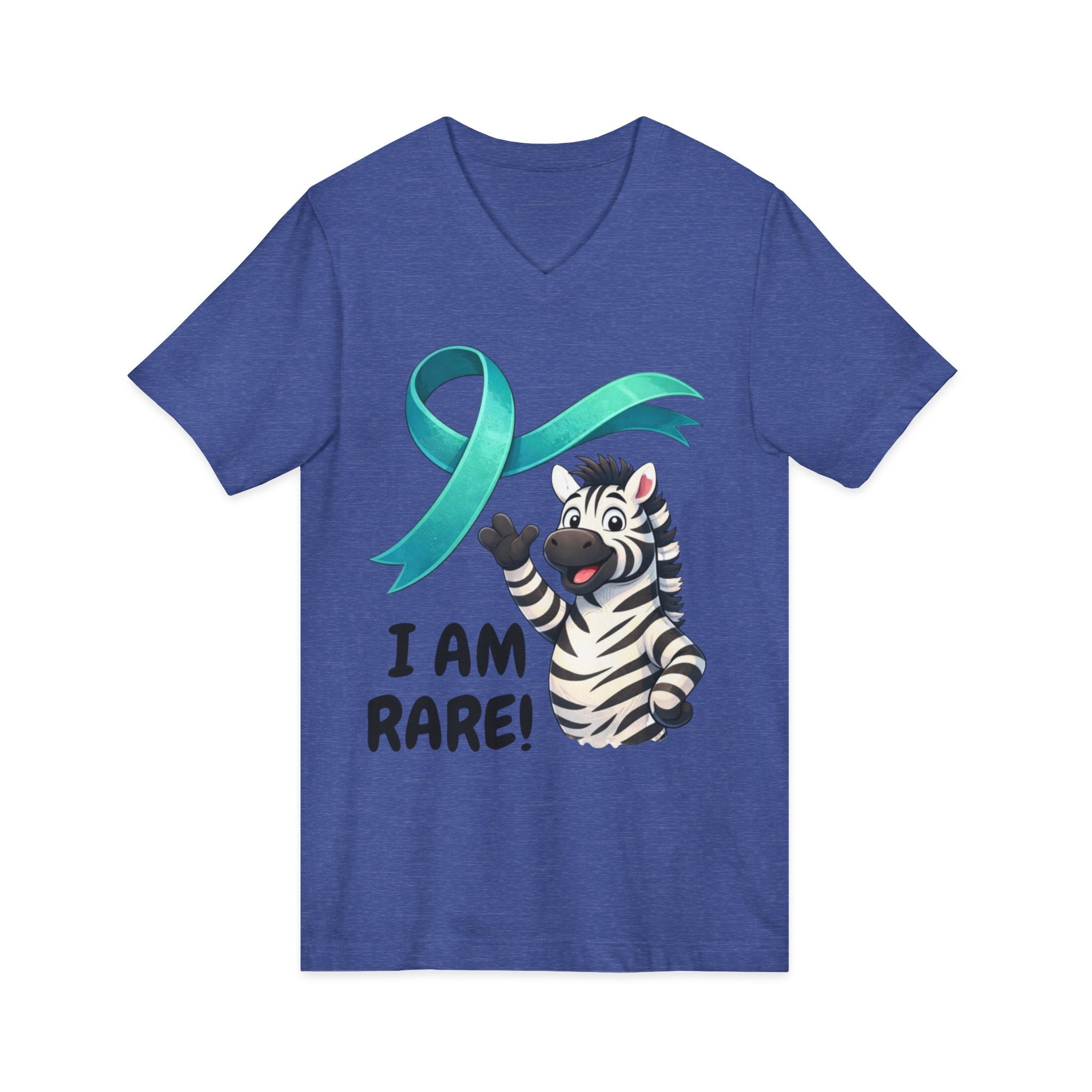 Rare Zebra Awareness V-Neck Tee — "I Am Rare" Teal Ribbon Shirt