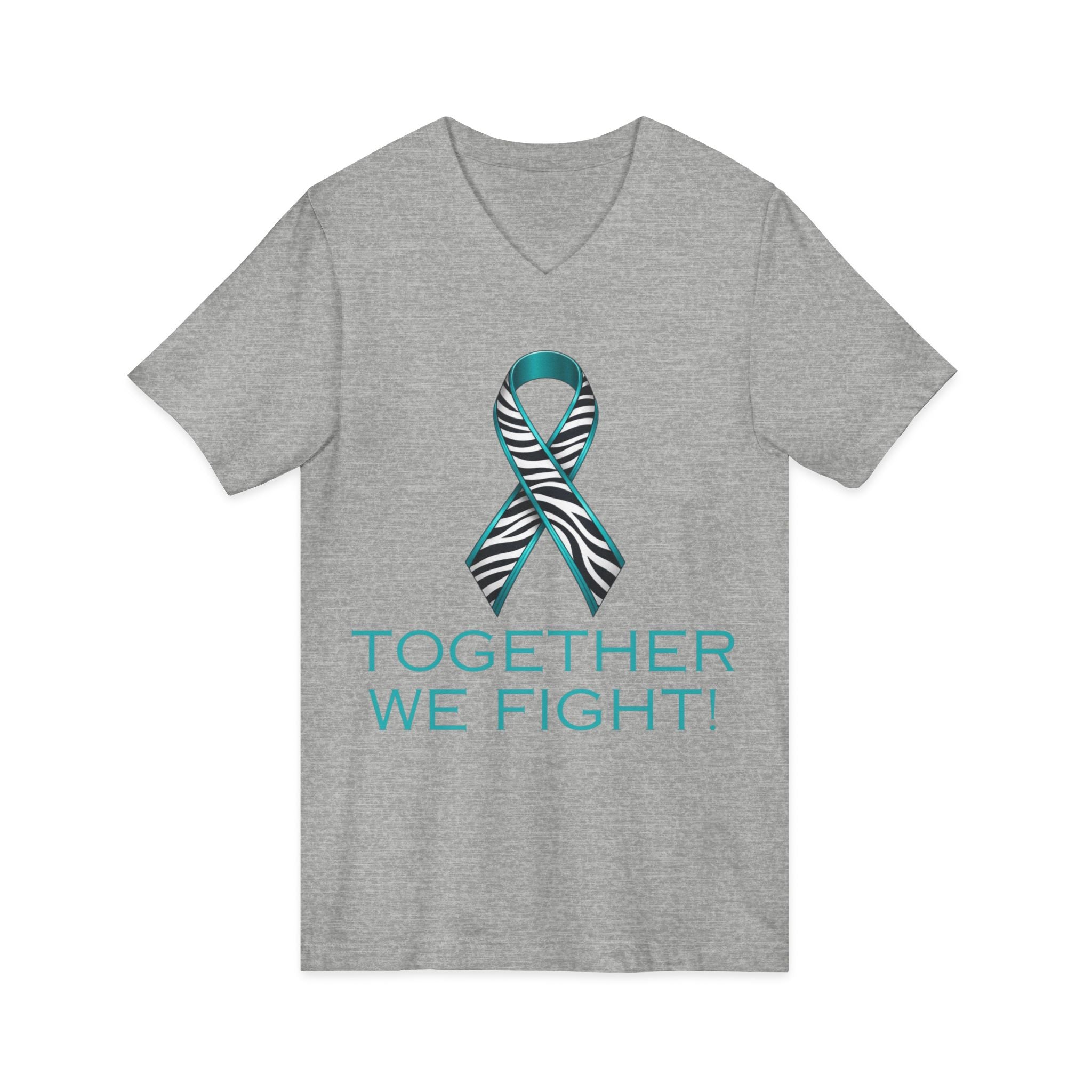 Teal Awareness Ribbon V-Neck Tee — "Together We Fight" Support Shirt