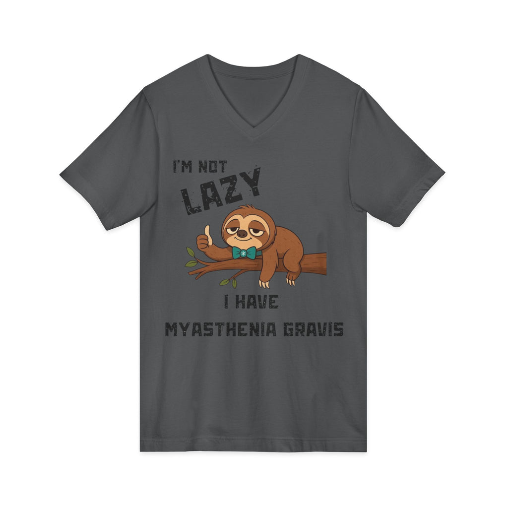 Myasthenia Gravis Awareness V-Neck Tee — "I'm Not Lazy" Sloth Design
