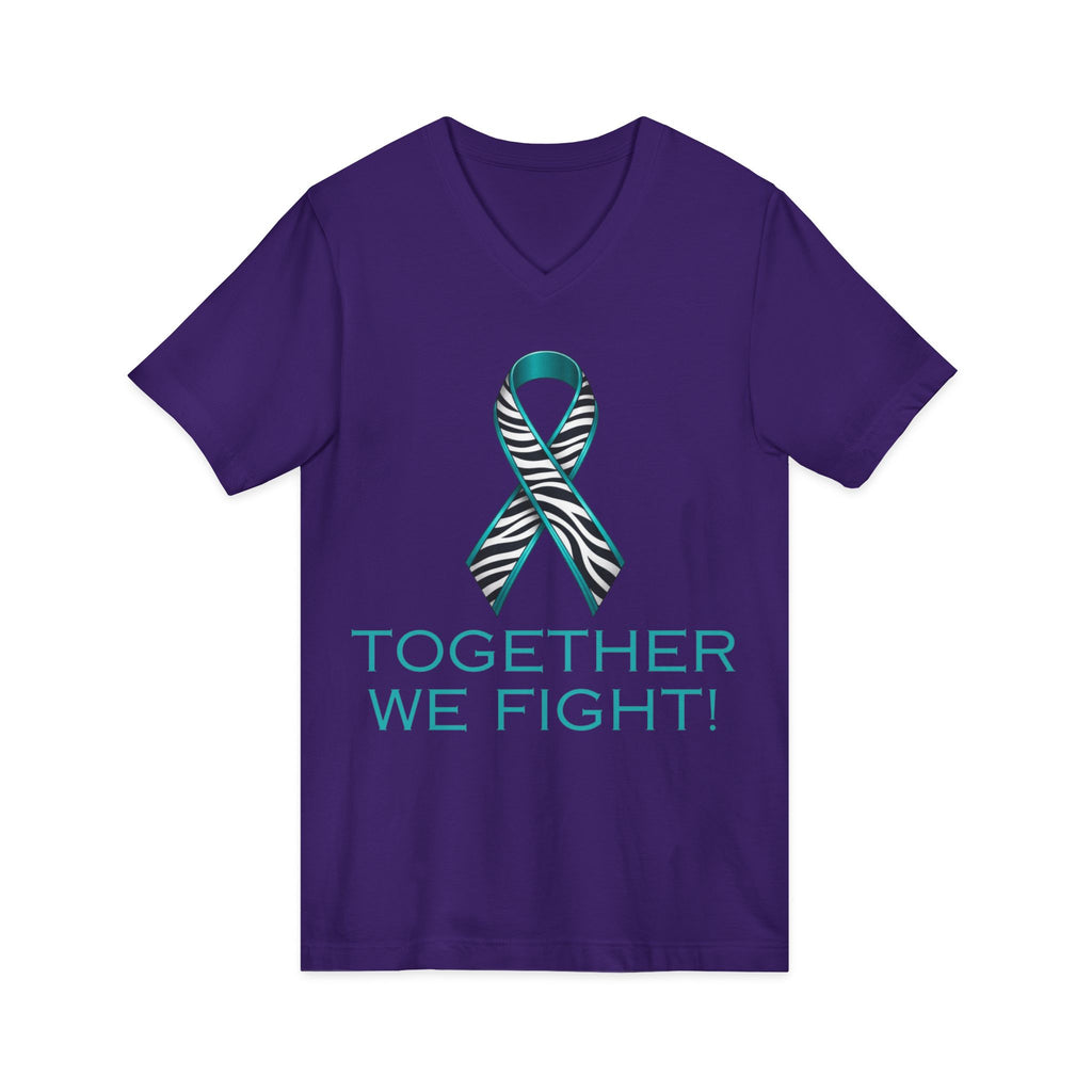Teal Awareness Ribbon V-Neck Tee — "Together We Fight" Support Shirt