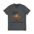 Myasthenia Gravis Awareness V-Neck Tee — "I'm Not Lazy" Sloth Design