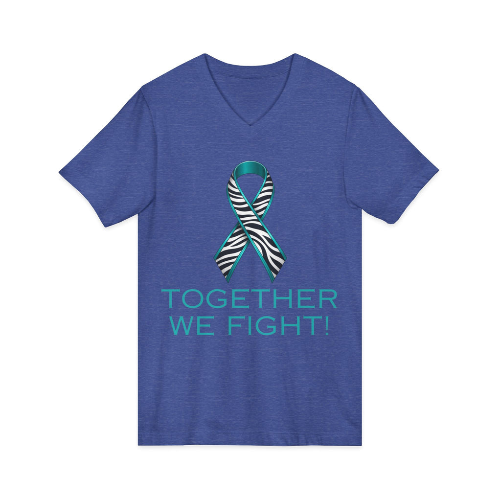 Teal Awareness Ribbon V-Neck Tee — "Together We Fight" Support Shirt