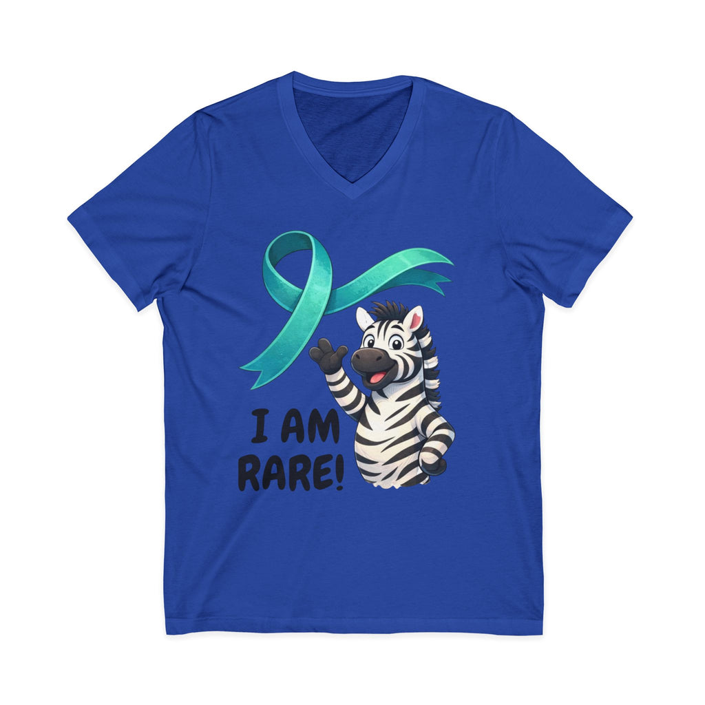 Rare Zebra Awareness V-Neck Tee — "I Am Rare" Teal Ribbon Shirt