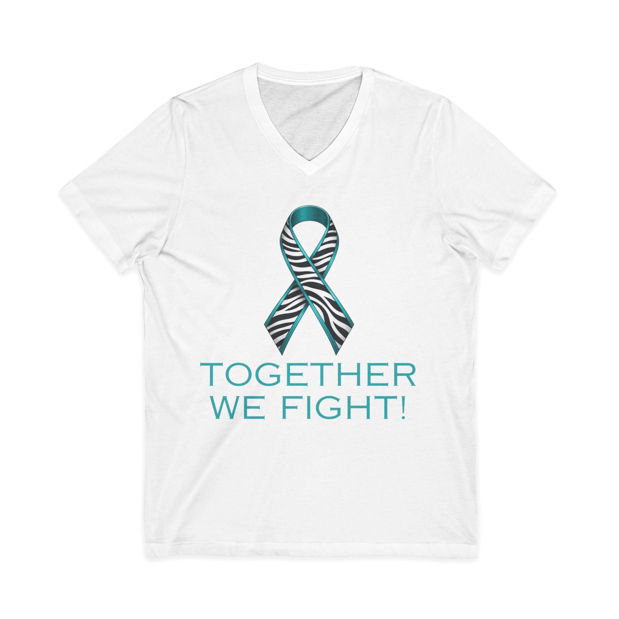 Teal Awareness Ribbon V-Neck Tee — "Together We Fight" Support Shirt