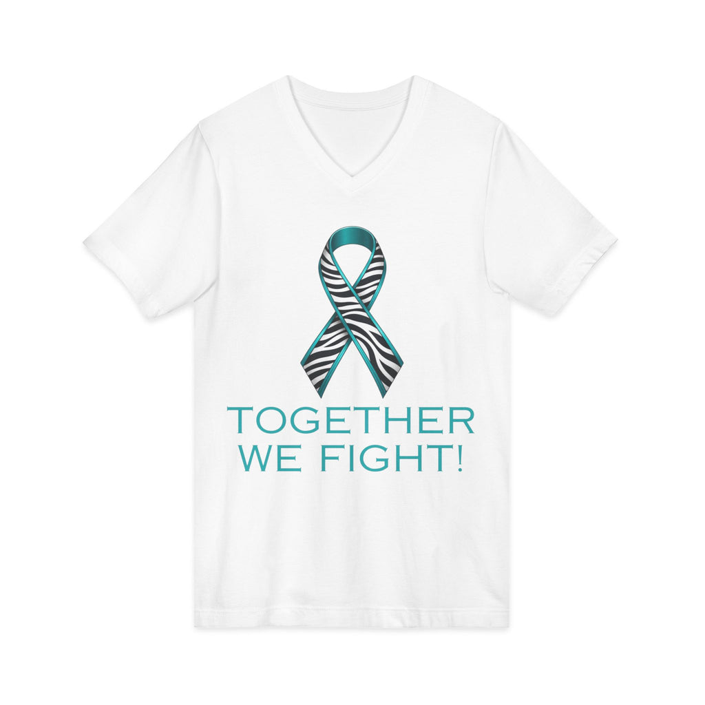 Teal Awareness Ribbon V-Neck Tee — "Together We Fight" Support Shirt