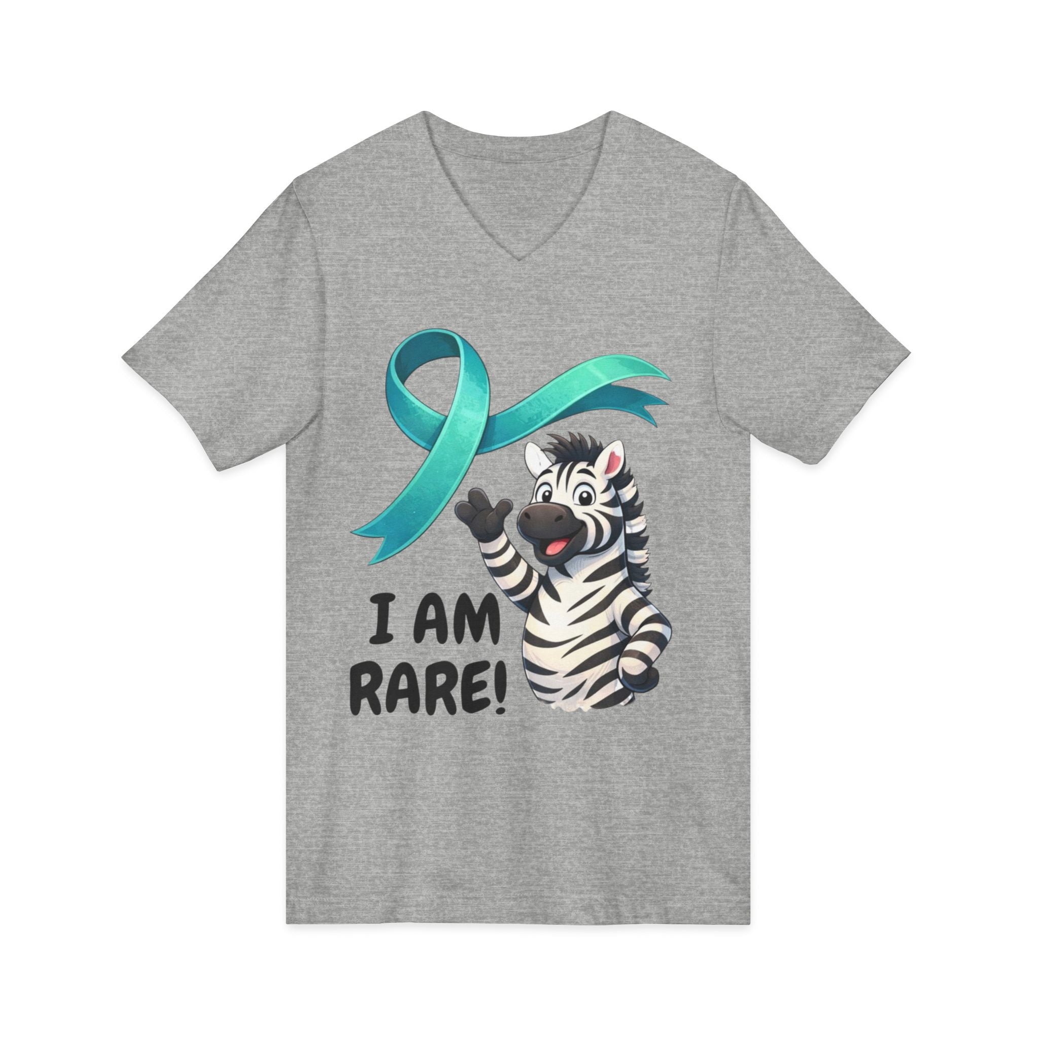 Rare Zebra Awareness V-Neck Tee — "I Am Rare" Teal Ribbon Shirt