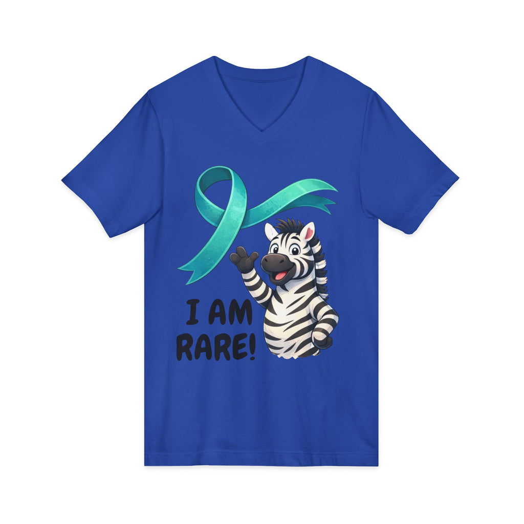 Rare Zebra Awareness V-Neck Tee — "I Am Rare" Teal Ribbon Shirt