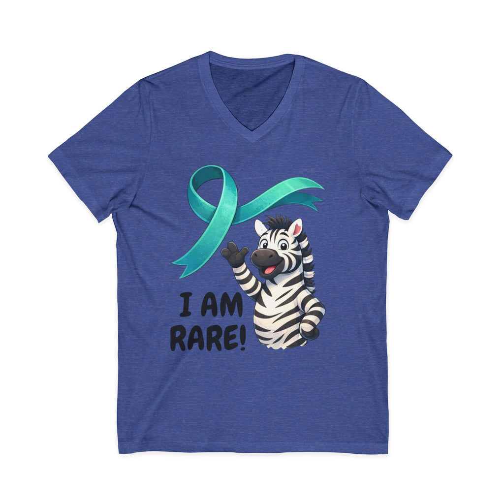 Rare Zebra Awareness V-Neck Tee — "I Am Rare" Teal Ribbon Shirt