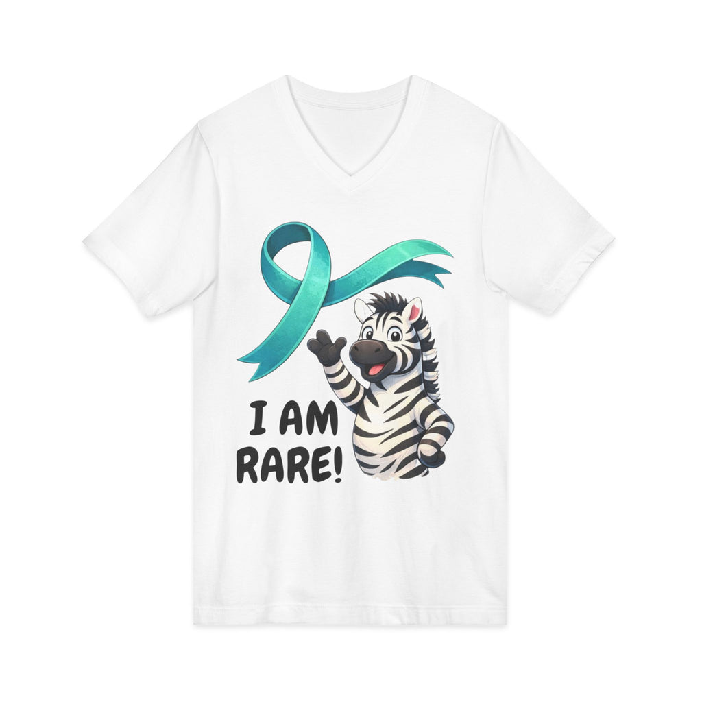 Rare Zebra Awareness V-Neck Tee — "I Am Rare" Teal Ribbon Shirt